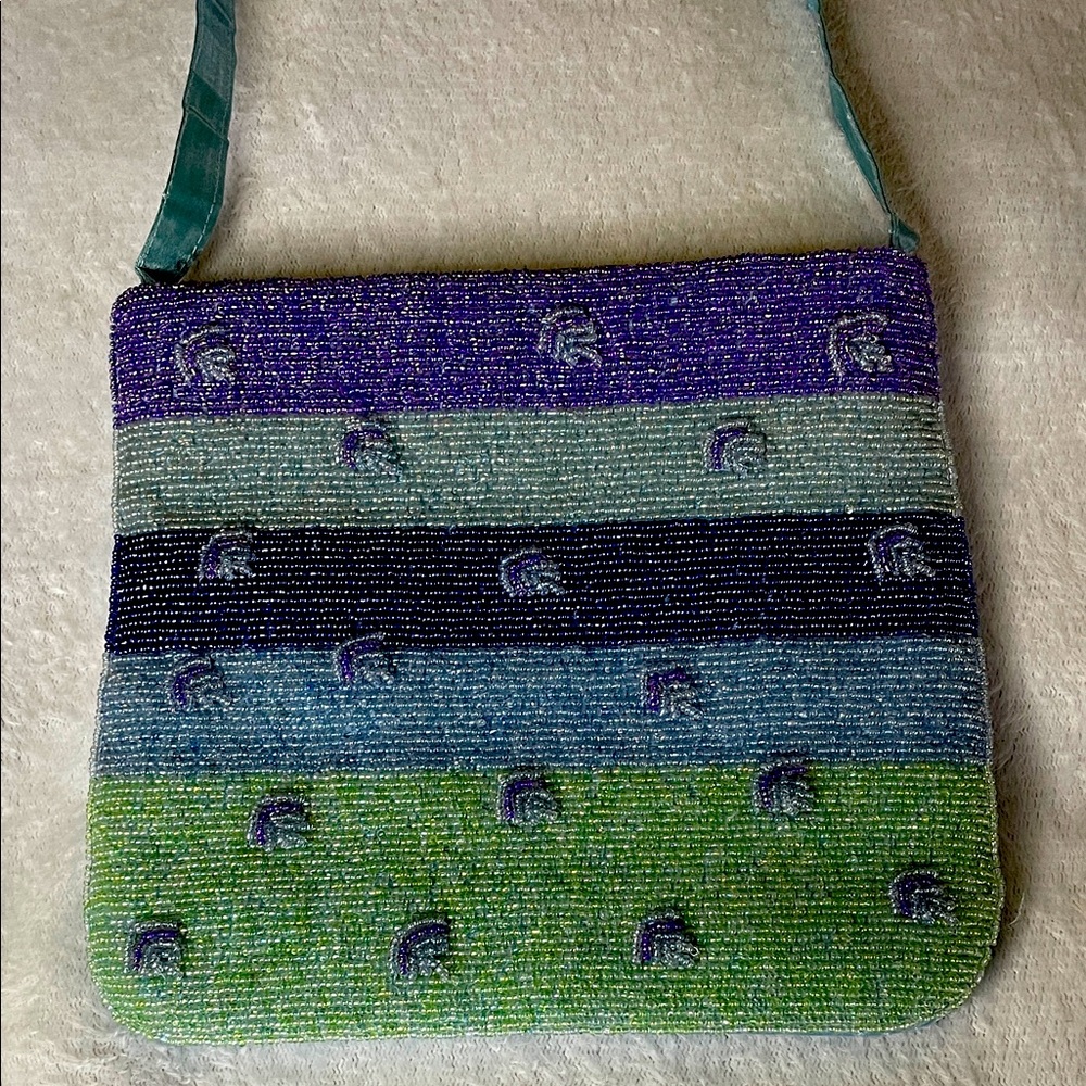 Pretty Beaded Purse, Blue, Purple and Green 
Made in India.